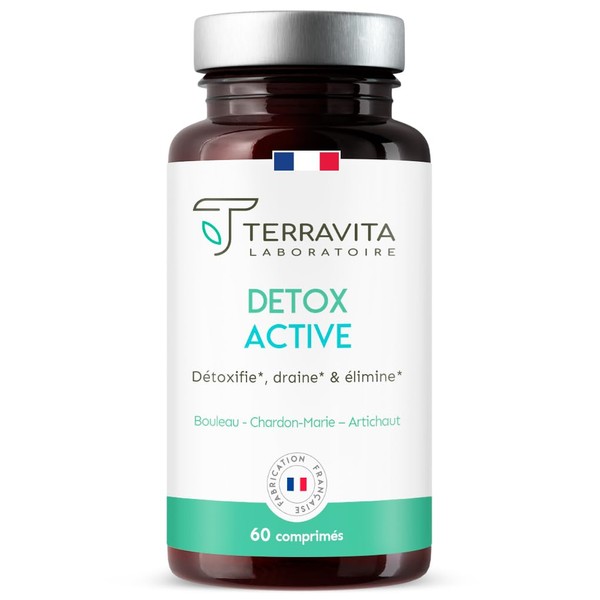 Active Detox | Milk Thistle + Desmodium + Artichoke + Birch | Detox Liver & Colon | Fast and Natural Elimination of Toxins | Energy Booster | 60 Vegan Tablets | Made in France | Terravita