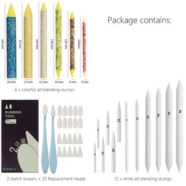 BetterJonny 40 Pcs Blending Stumps and Tortillions Set, Sketch Drawing Stumps Pencils Tools, Art Blending Tools Supplies, Include 18 Paper Art Blenders Blending Pencils, 2 Sketch Wiper Set