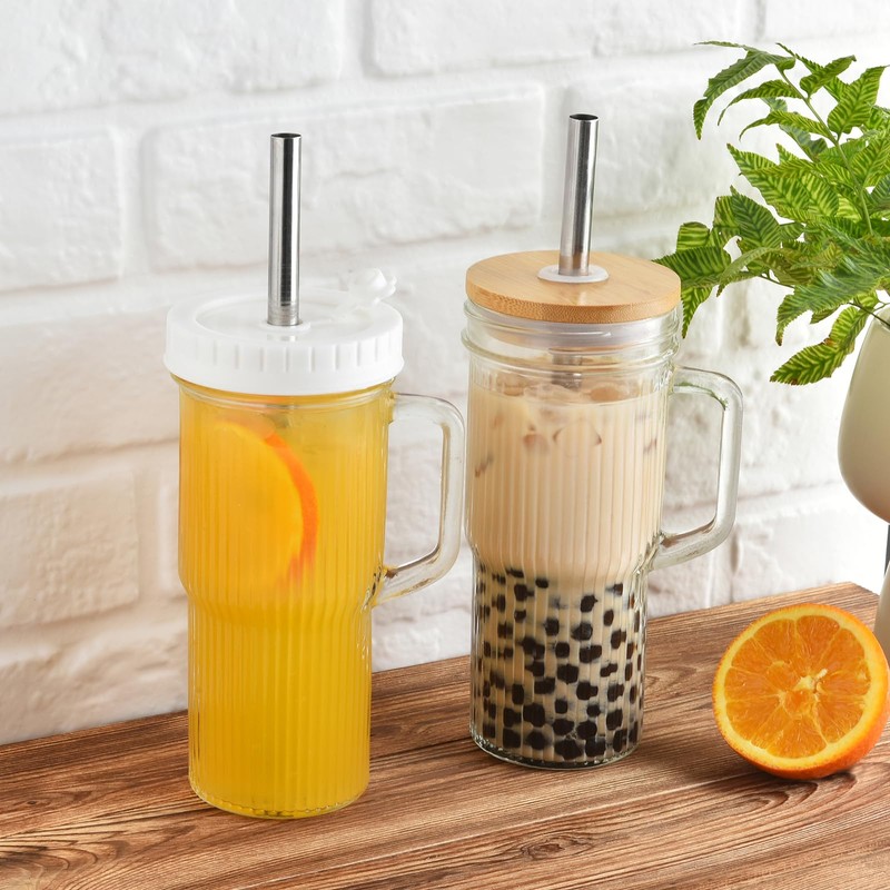 ALINK 24oz Ribbed Glass Cups with Bamboo Lids and Straws,