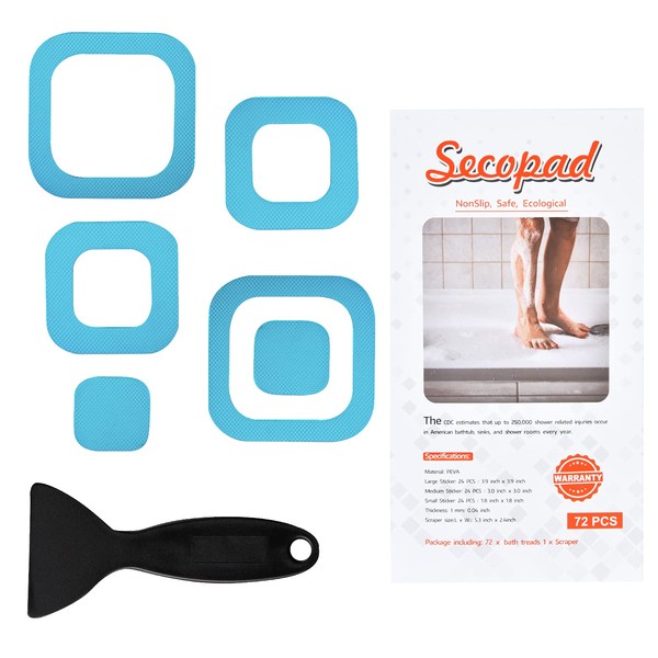 Secopad Non-Slip Bathtub Stickers, 72 Pieces Safety Stickers for Bathroom, Bathtubs, Showers, Treads with Scraper (Blue)