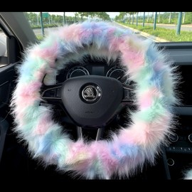 RANXIZY Cute Rainbow Fluffy Steering Wheel Covers for Women Long Fuzzy Wool Sheepskin 15 Inch(Pink)