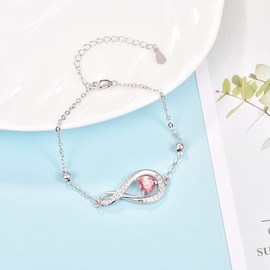 praymos October Birthstone Bracelets, Infinity Bracelets for Womens 925 Sterling Silver Pink Heart Cubic Birthstone Charm Bracelet Adjustable Chain Jewellery Gifts for Her Women Wife Mum (10-Oct)