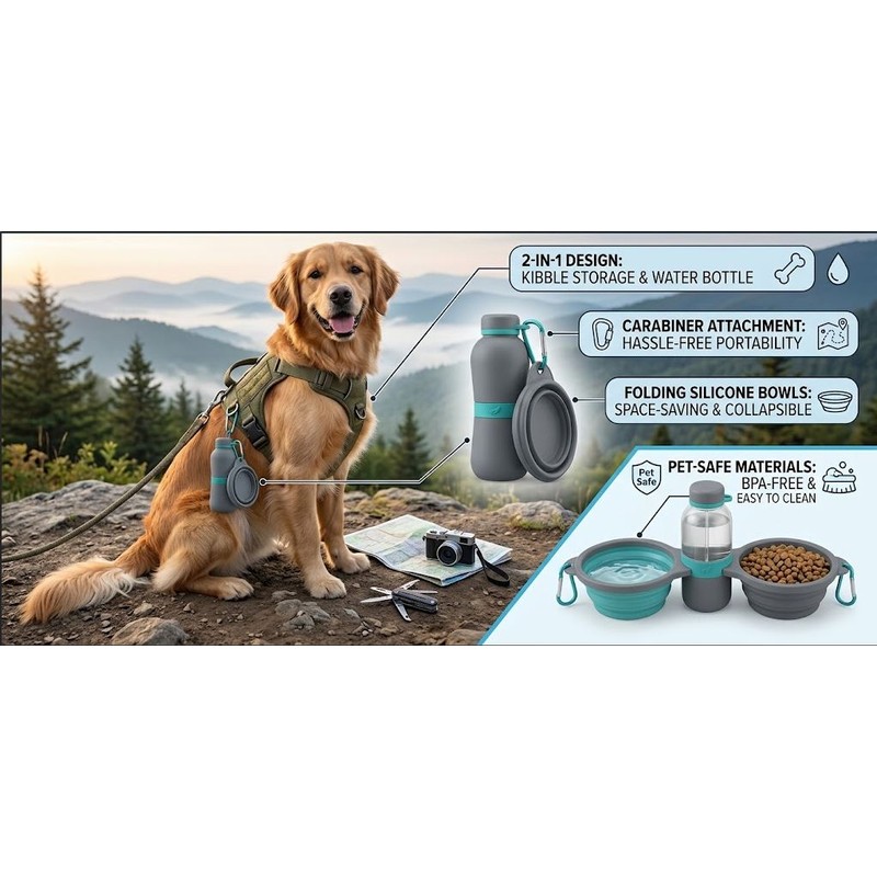 2-in-1 Portable Silicone Pet Travel Feeder with Carabiner