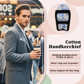 LJBFNN Floral Pocket Squares for Men, Mens Ladies Cotton Handkerchiefs with Pocket Square Holder for Wedding Party Prom Daily (Floral Blue Orange)