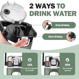 BLUEGO 32oz Glass Water Bottles with Straw Time Marker Half Gallon Large Motivational Water Bottle with Silicone Sleeve 2 Liter Large Glass Water Jug for Gym, Sports& Workout, Daily, Olive