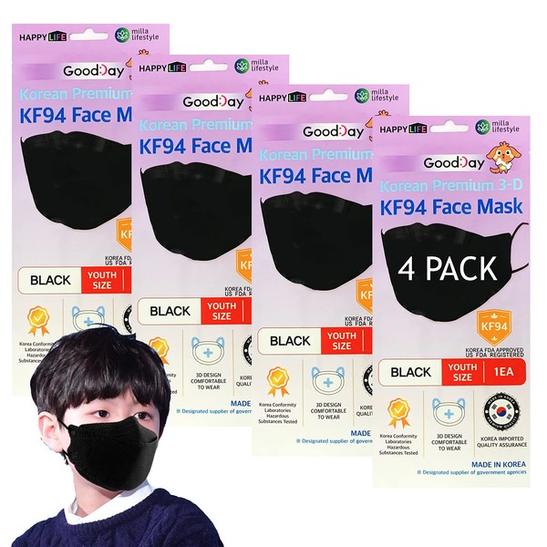 (Pack of 4) Premium 3D Disposable Black Kids KF94_ Face Mask, Youth Mask, Age 5-15 Old, 4-Layer Filters, kf94 Masks Black, Good Day, Nose Covering Dust Mask, Individual Packs, Made in Korea. (4)