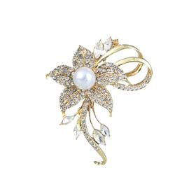 Delicate Pearl Rhinestone Crystal Flower Brooch Pin for Women Dress Hat Decoration Bride Engagement Wedding Jewelry-Style 1: Gold