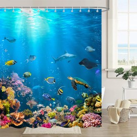 Emwnodti Ocean Underwater World Shower Curtain, Colorful Tropical Fish Sea Turle Coral Bath Curtain Decor, Polyester Fabric Waterproof Bathroom Accessory Set with 12 Hooks 72x72 inch