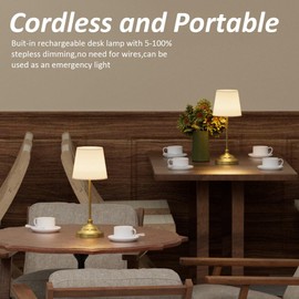 Cordless Table Lamp, 2 Packs Gold Rechargeable Desk Lamp with 6000mAh Battery Operated,Bedside Lamps for Night Stands, 3 Color Stepless Dimmable Light for Dining Room, Bedroom, Bar, Night Light