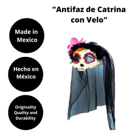 Catrina with Veil, Antifaz de Catrina con Velo, Ideal para Día de Muertos y Fiestas de Disfraces