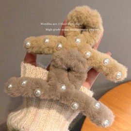 Luxurious Large Velvet Pearl Claw Clip for Women (Autumn/Winter Collection) Free Size/Pink-Pearl [Pin Clip] 20ea