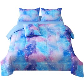 JQinHome Full Gradient Galaxy Comforter Set for Girls,6 Piece Bed in A Bag 3D Colorful Tie Dye Constellation Print Ombre Bedding Set with Sheets(Blue)
