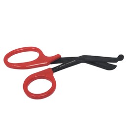 Multipurpose Trauma Shears 7.25" EMT Paramedic Scissors Black Fluoride Coated Stainless Steel Thick Blades with Deep Serrations for Cutting Bandages, Gauze, Straps, Belts (Red Handle)