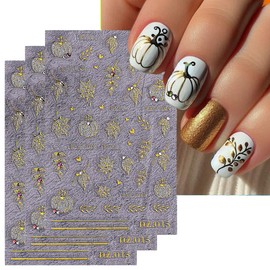3 Sheets Fall Gold Nail Stickers for Nail Art Cute Gold Pumpkin Nail Decals Autumn Maple Leaf Nail Art Stickers 5D Self-Adhesive Glitter Thanksgiving Day Nail Decoration for Women Nails Design