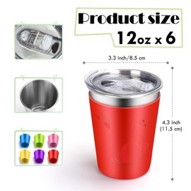 ShineMe No Spill Cups for Toddlers, 6pack Stainless Steel Kids Cups with Lids, 12oz Metal Cups for Kids, Toddlers, Preschoolers, Adults with Removable Vibrant Color Sleeves for Cold/Hot Drinks