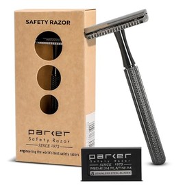 Parker Safety Razor, Maquinilla de afeitar de seguridad de peine cerrado de 3 piezas modelo 78R con 5 hojas de platino Parker incluidas, (grafito/bronce de cañón)