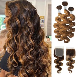 ALHER #P4/27 Honey Blonde Highlight Bundles With Closure Human Hair Body Wave, Balayage Ombre Brown 10A 100% Human Hair 3 Bundles and 4x4 Transperant HD Lace Closure Free Part Baby Hair 12 14 16 +12