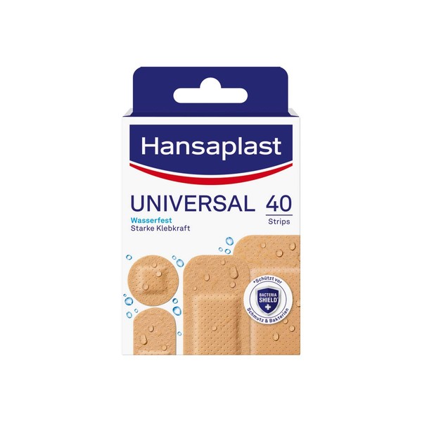 Hansaplast Universal Pflaster (40 Strips), schmutz- und wasserabweisende Wundpflaster, Pflaster Set mit starker Klebkraft & Bacteria Shield