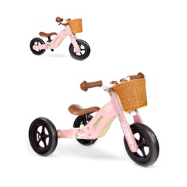 KRIDDO 2 in 1 Wooden Kids Tricycle and Balance Bike for 1-4 Years Old, No-Pedal Tricycle and Toddler Balance Bike with Basket and Adjustable Seat, Ideal for Outdoor and Indoor, Pink