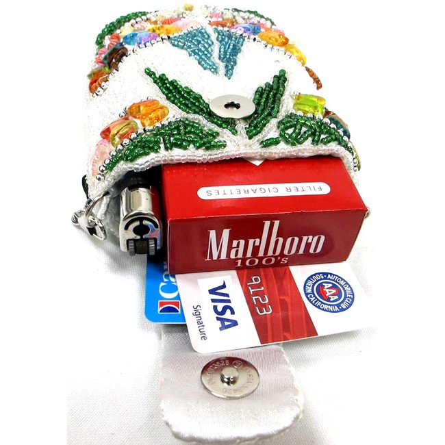 Hard to Find Lady Women's Cigarette Case Handmade Beaded Pouch Wrist & Shoulder Chain Fit 100's - WHITE COLOR