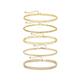 Golden Ankle Bracelets for Women, 14k Gold Plated Waterproof Cuban Link Chain Anklets Set, Layered Anklet Bracelets for Women Beach Gift Adjustable Size 5pc (GOLDEN-B)