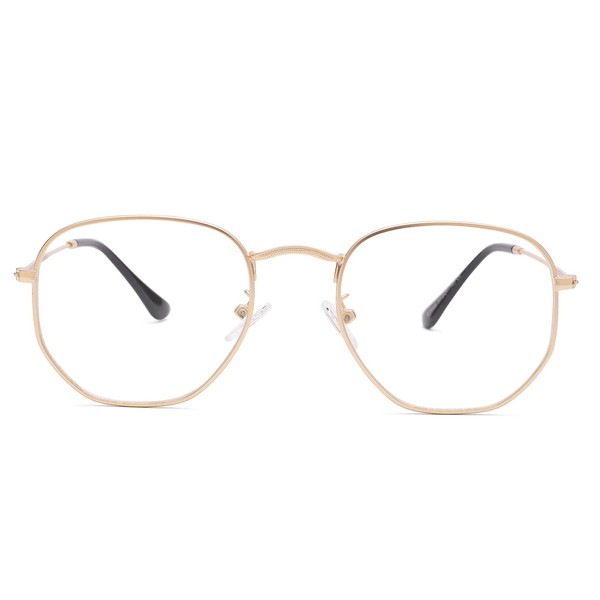 Pro Acme Hexagonal Non-Prescription Glasses Frame for Women Men Designer Square Round Metal Clear Lens Eyeglasses (Gold)