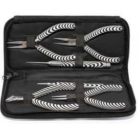 The Beadsmith Zebra Print Tool Kit – 6 Pieces: Chain, Round, and Bent Chain Nose w/Side Cutter, Tweezers, & Reamer with Zippered Pouch, 5-Inch Each