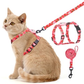 SCENEREAL Adjustable Cat Harness and Leash Set with AirTag Holder, Escape-Proof Design for Small to Large Cats, Lightweight Soft Travel Harness, Pink Strawberry