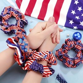 4th of July Hair Bands & Scrunchies 3Pcs Set - Patriotic American Flag Hair Ties with Red White Blue Stars, Independence Day Party Hair Accessories for Women Girls