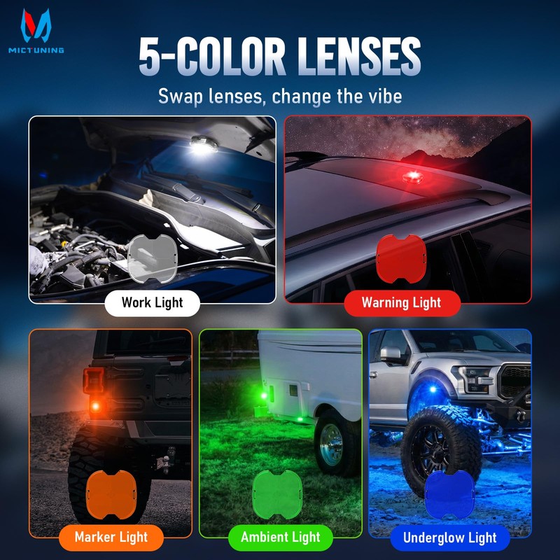 MICTUNING C6 White Rock Lights 4 Pods, Spot & Flood