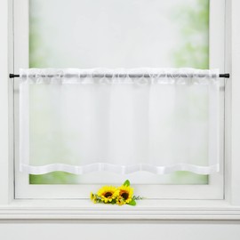 HeichkelL Net Curtain, Voile Bistro Curtain with Satin Ribbon, Short Curtains, Drawstring Curtains, Kitchen Curtain, Sewn-on Satin Ribbon as Border, White, W x H 120 x 60 cm