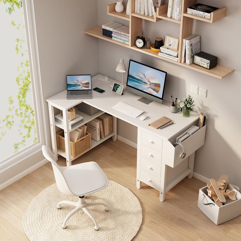 Lufeiya White L Shaped Computer Desk with Drawers & Storage