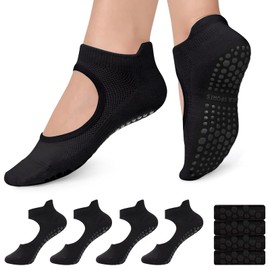 H HOME-MART 4 Pairs Grip Socks Pilates Socks Women with Mesh,Non-slip Yoga Athletic Yoga Socks Reformer Pilates Grip Grippy Socks (Standard, Black/Black/Black/Black)