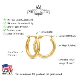 Art and Molly 14k Yellow Gold Hoop Earrings, 13mm (0.5 inch), Real Gold, Polished Shiny Finish, Classic Design for Women and Men