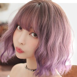 URCGTSA Short Bob wigs with Bangs for Women 13 Inch Color Wavy hair Synthetic Natural color hair Cosplay Daily Part Wig for Women Full Hair Straight Wigs（Smoky purple）