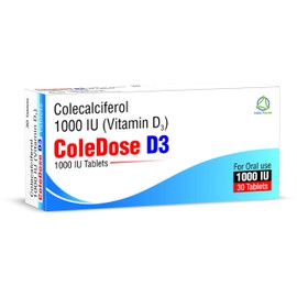 Vitamin D 1000 IU –Equivalent to 25 mcg - ColeDose D3, Premium Vitamin - Easy Swallow 30 Tablets- One a Day