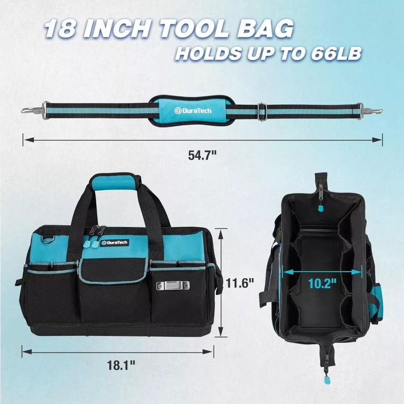 DURATECH 18-Inch Large Tool Bag w/Waterproof Hard Bottom Heavy Duty