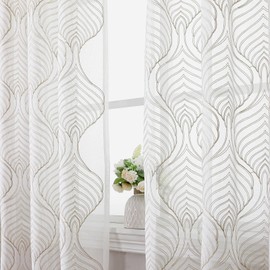 VISIONTEX Sheer Curtains 95 Inches Long 2 Panels Set, Taupe Moroccan Embroidery Texture Geometric Rod Pocket White Voile Tulle Semi Window Treatment Pair for Bedroom, W54 x L95