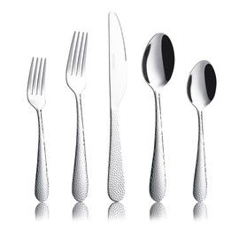 HOMECHEN 20-Piece Hammered Stainless Steel Flatware Set - Food-Grade Silverware for Home & Restaurant, Dishwasher Safe, Includes Steak Knives, Forks & Spoons