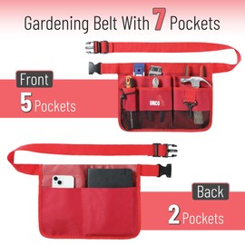 UNCO- Adjustable Gardening Belt, Red, 7 Pockets, Wear, Cut and Water Resistant, Garden Tool Belt Pouch, Waist Apron with Pockets