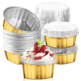100 Pcs 8 oz Aluminum Foil Cup with Lids Disposable Ramekins with Lids Disposable Ramekin Baking Cups Foil Cupcake Containers for Wedding, Christmas, Kitchen, Party (Silver, Gold, 8 oz)