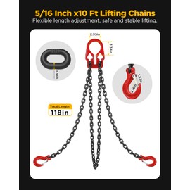 Heavy Duty Lifting Chains with Adjustable Hooks, 5/16 Inch x 10 Ft, Maximum Load 7000lbs, Dual Leg Chain Slings for Industrial Engine Hoist