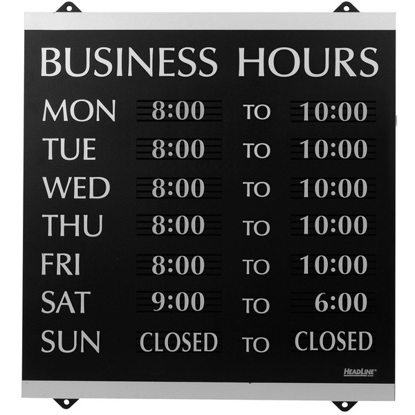 Headline Sign - Century Series, Business Hours Sign with 176 1/4"-Characters, Suction Cups for Hanging, 14x13 Inch, Black and Silver (4247)
