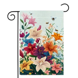 Spring Lily Colorful Floral Garden Flag 12x18 Inch Double Sided Welcome Summer Bee Flower Yard Outdoor Flag House Holiday Outside Decoration Burlap