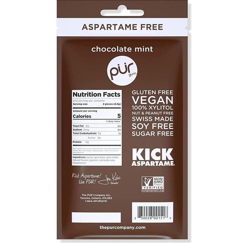 PUR Xylitol Chewing Gum CHOCOLATE MINT (55 Pieces, 12 Pack)