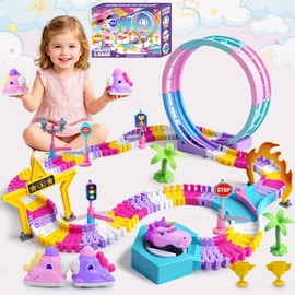 Unicorn Toys Car Race Tracks for Kids, 360° Flexible DIY Magic Racing Monster Tracks Toy with 3 Vehicle, Toddler Toys Birthday Gifts for 3 4 5 6 7 Year Old Girl
