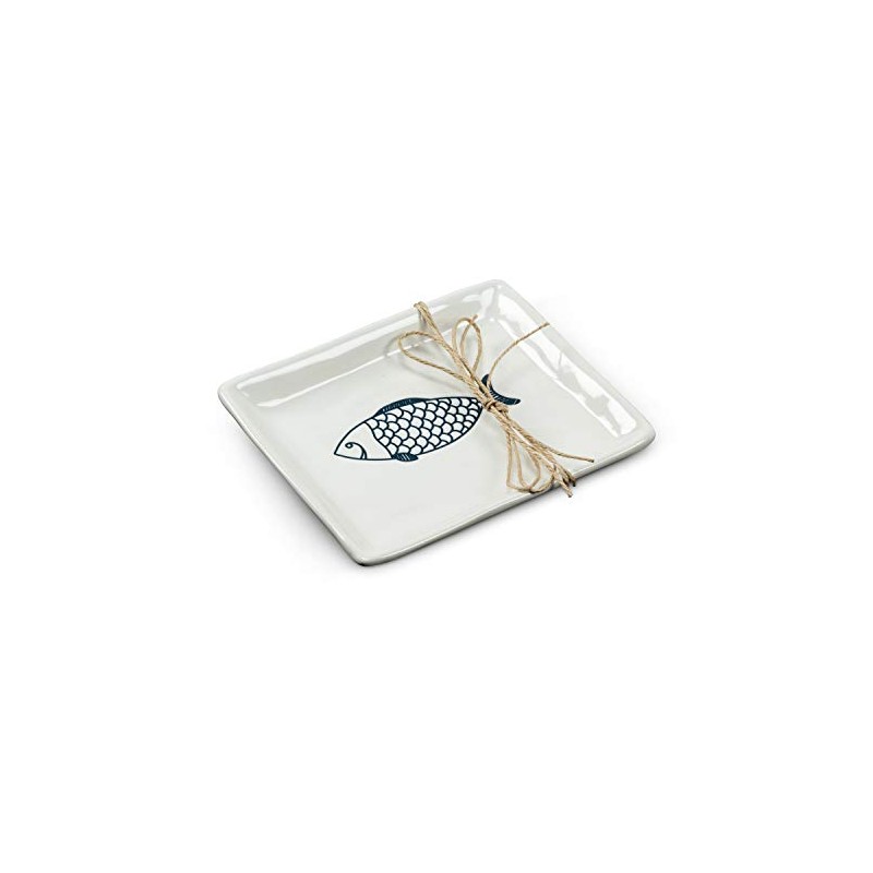 Abbott Collection 27-CORFU-550 Small Rectangle Fish Plate, 1 EA, White/Blue