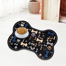 UYDOXCU Dog & Cat Food Mat Bone Shaped Pet Feeding Mat Quick Absorb Water Bowl Placemat with Rubber Backing Indoor Floor Stain Resistant Pet Accessory Supplies (Black, 12x18 Inches)