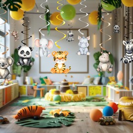40 Pack Safari Hanging Decorations – Jungle Animal Birthday Decorations for Kids, Wild One Party Decor and Safari Hanging Swirls