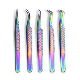 ZAMAHA UK Lash Eyelash Extension Tweezers Set of 5, Japanese Stainless Steel Tools Straight Curved 45 90 Degree Angled Tip, Volume Tweezers Precision (Rainbow Multi)